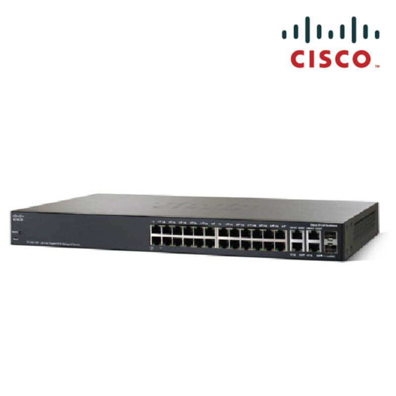 Cisco SRW2024P (SG300-28P) switch with (28) 10/100/1000 Ethernet uplink ports with PoE & 2 SFP Ports